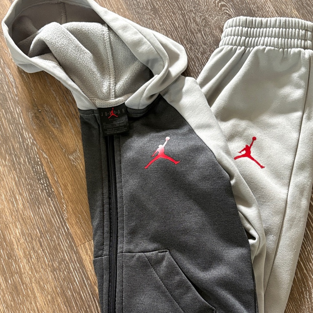 Gray and Cream Hoodie Set with Red Air Jordan Logo